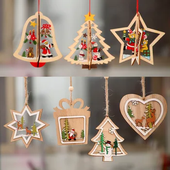 1PC 2D 3D de Navidad Ornamento Colgante de Madera Colgantes de Estrella del Árbol de Navidad Campana de Navidad Decoraciones Para el Hogar Nuevo Año 2022 Navidad