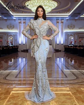 2023 De Alta Costura De La Celebridad Vestidos De Azul De Mangas Largas Árabe De Dubai Vestidos De Noche De Los Cristales Llenos De Abalorios Lentejuelas Vestido De Fiesta De Bodas