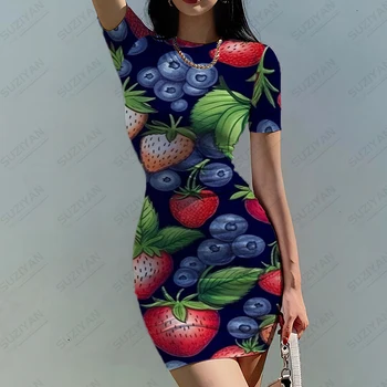 2023 Moda de Verano al aire libre Casual Vestido Básico de Manga Corta Vestido de las Mujeres de Cuello Redondo Jersey Vestido de Fruta de la Impresión 3D de Vestido