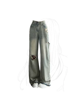 2023 Mujeres Ripped Jeans Vintage Amplia Pierna Holgados Pantalones De Jean Y2k La Calle Harajuku Cintura Alta De Vaqueros Del Dril De Algodón Pantalones De La Ropa