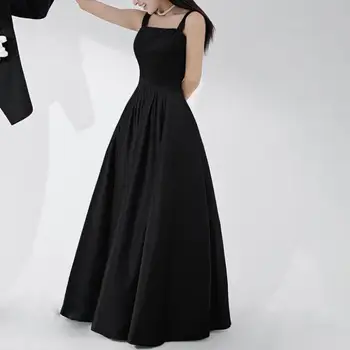 2023 Nuevo Una Línea de Vestidos de Novia de Moda de Correas Espaguetis palabra de longitud Vestido de Novia de Raso Negro, Elegante, Sencilla Vestidos De Novia