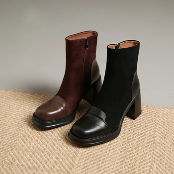 2023 otoño invierno de las Mujeres de tobillo botas de cuero natural 22-25cm de vaca+niños de gamuza+piel de cerdo modernas botas de tacón grueso botas cortas