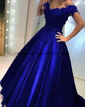 2023Royal Azul Vestido de Bola Barato Vestido de fiesta Fuera del hombro de Encaje de Flores 3D con Cuentas de la parte Posterior del Corsé de Satén Forma por la Noche Batas De Soirée