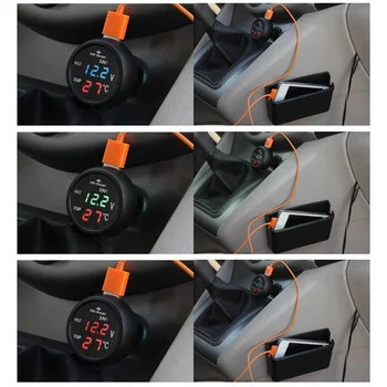 3 en 1 de 12/24V Auto del Coche LED Voltímetro Digital Medidor+Termómetro+Cargador USB
