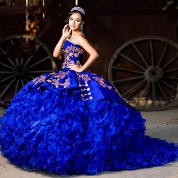 Azul Marino Vestidos De Quinceañera Vestido De Bola Del Hombro De Organza Apliques Bordados Mexicanos Dulce 16, Vestidos De 15 Anos