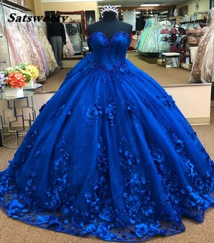 Azul real 3D Floral Flores de Bola Vestido de Quinceañera vestidos de fiesta de Perlas de Novia de la Princesa de la Noche Formal Vestidos de Dulce 16 Vestido