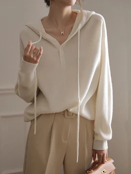 Blanco Con Capucha Suéter De Punto De Las Mujeres De 2023 Otoño Nueva Manga Larga Botón Suelto Pullovers Coreano Casual Señora De La Oficina Puentes