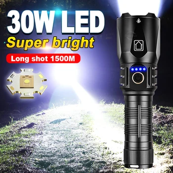 De alta Potencia de 30W LED Recargable USB Linterna Telescópica Zoom Impermeable Super Potente Multifuncional Portátil de la Antorcha Lámpara de Mano