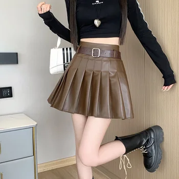 De las mujeres de Cintura Alta Falda con Cinturón de Cuero de la PU de 2023 Otoño e Invierno Nuevo Estilo coreano de Moda Elegante Plisado Mini Falda