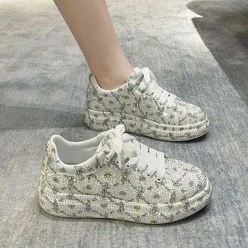 Diamantes de imitación de Espesor de suela Blanca Rosa Zapatos de Otoño de las Mujeres Zapatos de Plataforma Shining Crystal Zapatillas de deporte Tendencia Casual Zapatillas de deporte de 2023