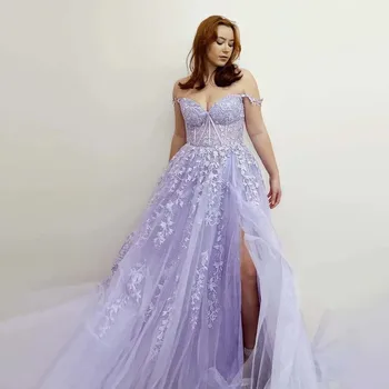 Elegante De Color Púrpura De Novia De Apliques De Encaje Vestidos De Noche Del Lado De La Rendija, Por Encargo De 2024 Vestidos De Baile