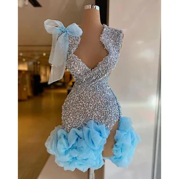 Glitter Azul Cielo De Tul Mini Vestidos De Cóctel Bastante De Cuello V Vestido De Tul Flores Corto Vestido De Fiesta Arco Personalizado Vestidos De Cóctel