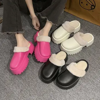 Impermeable Invierno Zapatillas De Mujer Zapatos De Plataforma De Tacón Alto Cálida Piel Zapatos De Invierno Mulas Slipers