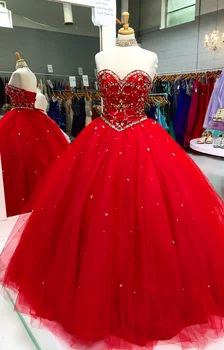 IRIDISCENTE Rojo Elegante Vestido de Quinceañera de Cristal de Encaje hasta Vestido de Bola sin Mangas Piso de Longitud de Tren de Barrido Formal Vestidos de Personalizar