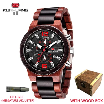 KUNHUANG de madera Reloj de los Hombres de Rojo de madera de sándalo Relojes de Lujo de la Marca Superior de Madera multifunción de Cuarzo del dial del Reloj del reloj masculino