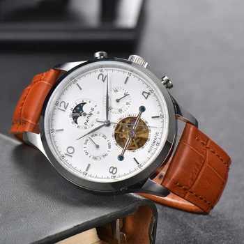 La moda Parnis 43mm Blanco Dial Mecánico Automático de los Hombres Reloj Fase Lunar Calendario Correa de Cuero los Hombres relojes de Pulsera reloj hombre