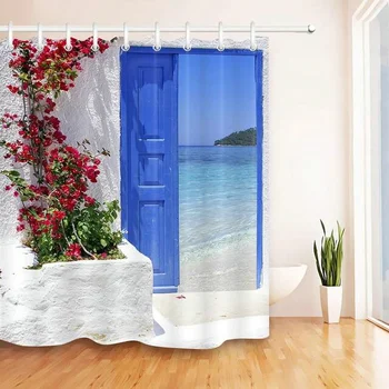 Las Flores de color rojo Azul griego de la Puerta con una Vista al Mar en la Isla de Cortinas de Ducha de Tela Impermeable Cortina de Baño Conjunto de Casa Bañera Decoración