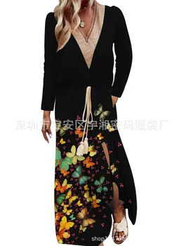Las Mujeres De La Moda Vestido De 2023 Nueva Mariposa Impreso De Manga Larga Panel De Encaje V-Cuello Cintura Elástica Con Cordones Vestido Suelto Dividir Vestido Maxi