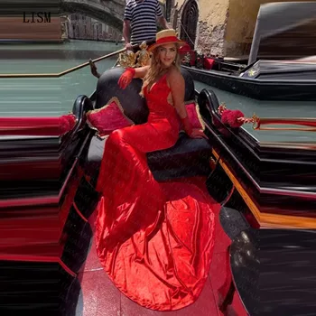 LISM Sirena Rojo Profundo V-cuello de Raso de Noche Formal, Vestidos de Fiesta de la Playa de Correas Espaguetis Simple de Noche Vestidos de fiesta Tribunal Tren 2023