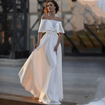 MANRAY Precioso Vestido Blanco de Una Línea de Cuello de Barco de Vestidos de Novia de Raso 2023 de la Longitud del Piso Elegante Vestidos de Novia Para Mujeres de encargo