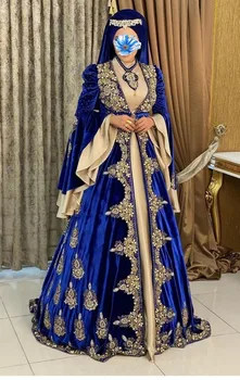Marroquí Kaftan Vestidos de Noche Largos de la Manga de la Llamarada de Azul Cristal con Cuentas árabe de Dubai Abaya Formal Fiesta de baile Vestidos