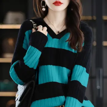 Moda Con Capucha Suelta A Rayas De Punto Suéteres De Mujer Ropa De 2023 Causal Chic De Nueva Temporada Otoño-Invierno Coreano 