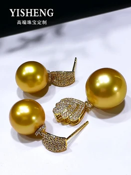 Nanyang de Oro de la Perla de Filipinas Natural Gruesa de Oro Perla del Mar de 12,5 mm de Oro de la Perla Pendientes de 14,6 mm de Oro de la Perla Colgante
