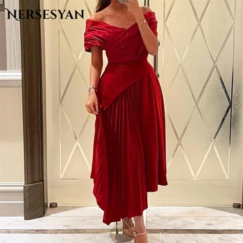 Nersesyan Elegante De Satén Rojo Formal Vestidos De Noche Del Hombro Plisado Vestidos De Fiesta Una Línea De Drapeado 2023 Vestidos De Fiesta