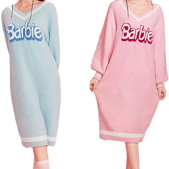 Nueva Caliente De Anime Barbie Damas Pijamas Camisón Kawaii De Dibujos Animados De Las Niñas V-Cuello Suelto De Manga Larga De Otoño Invierno Ropa De Dormir Vestido De Regalos