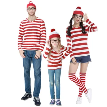 Padre-Hijo ¿Dónde está Wally Traje de Waldo Semana del Libro de Fantasía Vestido de Traje, Camisa de rayas Sombrero Kit de Gafas