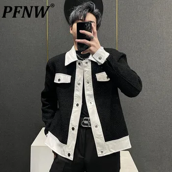 PFNW, Negro, Blanco Puntadas de Color de las Chaquetas para Hombres de Alto de la Calle Masculino coreano de la Moda de los Abrigos de Otoño de Lana Tops 2023 Moda de Nueva 28W1185