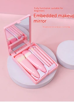 Portátil de Cosméticos de Almacenamiento Caja de Espejo de 5 Mini Brochas de Maquillaje de Viaje de Sombra de Ojos Foundation Powder Brush de Detalle de maquillaje