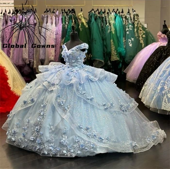 Princesa de Luz Azul Fuera Del Hombro Vestido de Quinceanera Para las Niñas con Cuentas de Flores 3D de la Fiesta de Cumpleaños con Gradas Vestidos de Baile
