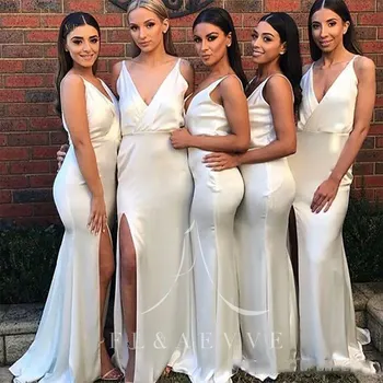 Sexy Blanco Satén Elástico Profunda V-cuello Vestidos de Dama de honor fractura del Lado de Sirena de la Boda Vestidos de Fiesta Formal Vestidos Más el Tamaño