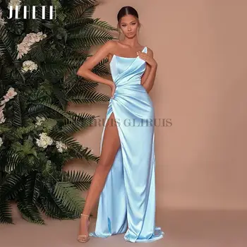 Simple Cielo Azul de Un Hombro de Satén Vestidos de Noche Sexy de Alta Split de Cuello de Barco de Fiesta de Baile Vestidos Formales batas de soirée 2022