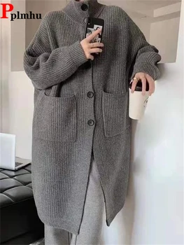 Suelta de Manga Larga de Knitwears Prendas de abrigo coreano Suéter Grueso Nueva Caída Casual Abrigo de Cuello de Pie Mediados de la longitud de tejidos de Punto Chaquetas