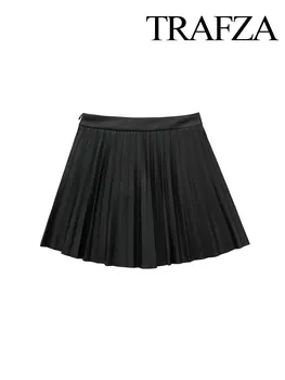 TRAFZA de Verano de las Mujeres de Moda de Cuero Negro de la PU de la Mini Falda de Cintura Alta del Lateral cierre de Cremallera Plisado de la Mujer Slim Falda Mini Falda Y2K