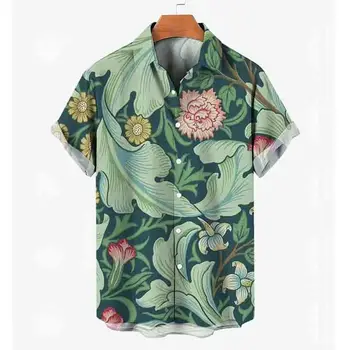 Verano Camisa Hawaiana 3D de la Hoja de la flor de Impresión de la moda Casual de playa de la solapa de Un botón de botón de camisa de los hombres