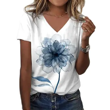Verano Casual Suelto de las Mujeres Florales Abstractos Pintura Camiseta de Impresión Gráfica Cuello V Top Básico de la Moda de la Impresión 3d de Más el Tamaño de Ropa