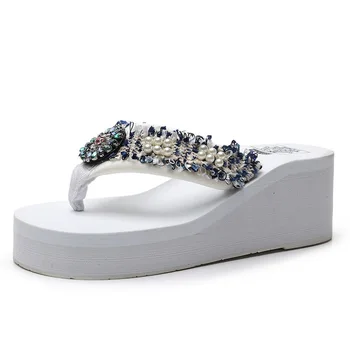 Verano de las Mujeres Zapatillas Flip Flop Para Damas Cuñas de Diapositivas zapatos de Tacón Alto 6cm de diamante de imitación de la Perla de EVA de la Plataforma Zapatos de Mujer Zapatos