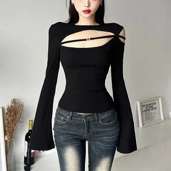 y2k 2023 de la Calle de la Moda Para el Otoño Nuevo Top Negro ropa de Mujer Sexy Corte Corto Corsé Pagoda de Manga Larga T-shirt Casual Tanque
