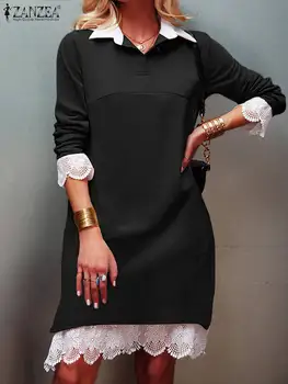 ZANZEA Mujer Elegante OL de Trabajo Vestidos de Moda de Encaje Vestido de Crochet de Otoño de la Solapa de Cuello de Manga Larga de Mujer Casual de la Calle Vestido de 2023