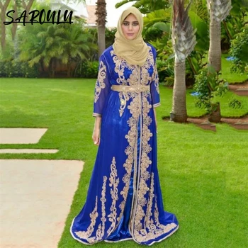 Árabe De Mujer Vestido De Fiesta De Manga Larga De Color Azul Real De Oro De Encaje Cinturón Musulmán Caftán Estilo Modesto De La Tradicional Fiesta De Vestido De Noche