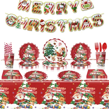 10Guests Fiesta de Navidad Vajillas de dibujos animados de Santa Claus Elk Árbol de Navidad Platos Vasos Servilletas Feliz Fiesta de Navidad Decoración