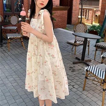 Dulce Correa De Espagueti Vestido De Flores De Las Mujeres Estilo Coreano Encaje Suelto Midi Vestidos De Mujer 2023 Verano De Una Sola Pieza Vestido De Mujer