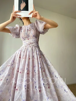 La Mujer Francesa Elegante De La Impresión Floral De Cristal Vestido Largo De Verano De La Moda Puff Manga De La Fiesta De Graduación Vestido Coreano Ropa