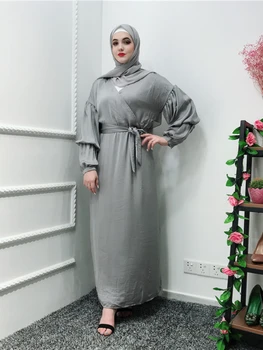 Llanura Abaya Musulmán Vestido Largo con Cinturón de Mujeres Ramadán, Eid Puff Manga Islámica Jilbab Africano Ropa Dubai turco Kaftan